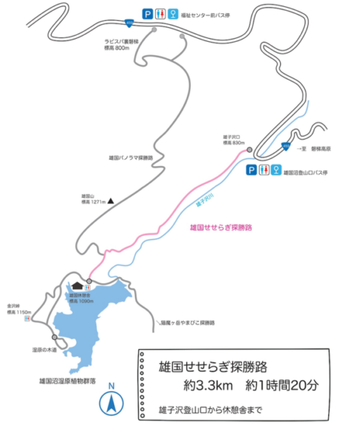 雄国沼ニッコウキスゲ見頃2026|シャトルバス・ハイキングコース地図を紹介 雄国せせらぎ探勝路の地図